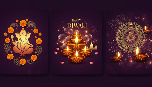 Diwali Festival of Lights Triptych - Ganesha Silhouette, Diya Lamps, and Rangoli Pattern on Deep Purple Background