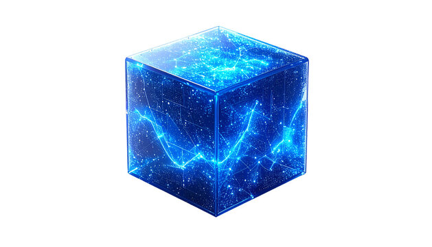 Luminous blue cube with intricate network patterns glowing in a technological style