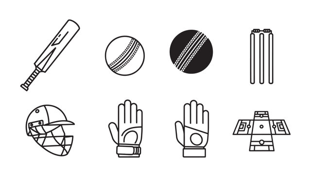 Professional cricket thin line icon set featuring a bat, ball variations, stumps with bails, helmet, batting gloves, and a stadium field. Minimalist black and white vector illustration for athletes