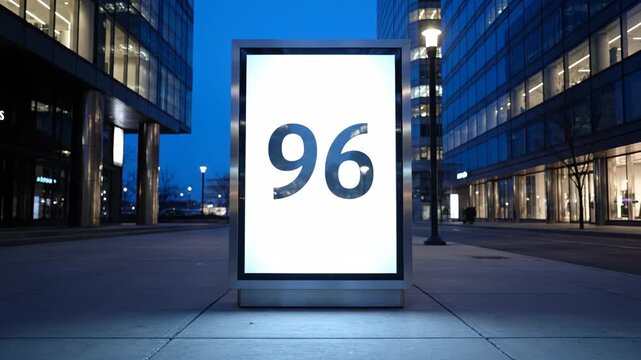 Street Lightbox Display \'96 glowing urban advertising frame mockup, a vertically oriented backlit advertising frame positioned along a clean metropolitan sidewalk at blue hour, slim brushed