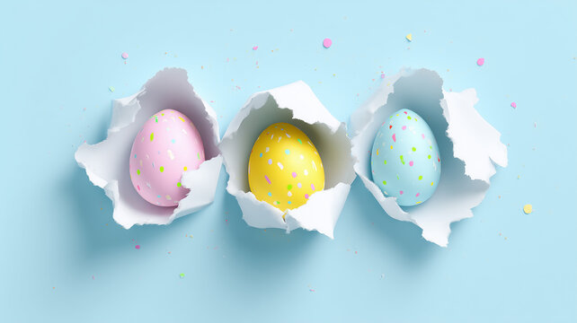 three colorful speckled easter eggs appearing through torn white paper on a light blue background. creative seasonal concept for holiday greeting.