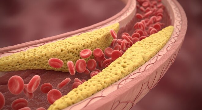 Atherosclerosis and plaque buildup in an artery with red blood cells
