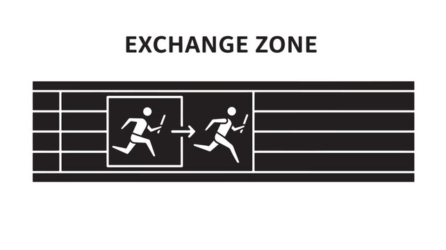 a black and white sign indicating exchange zone for relay race on a running track