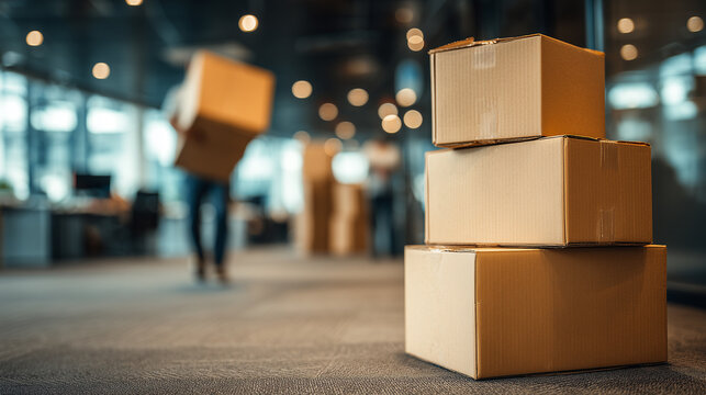 Stacked cardboard boxes in modern office interior with moving workers carrying packages relocation and delivery service concept