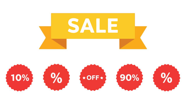 Graphic illustration of a yellow sale banner with percentage discounts on a white background.