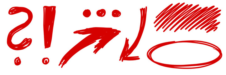 Obraz premium illustration: hand drawn red sketch arrows, question mark, exclamation mark, highlight marker circle and scribble texture set isolated on white or transparent png