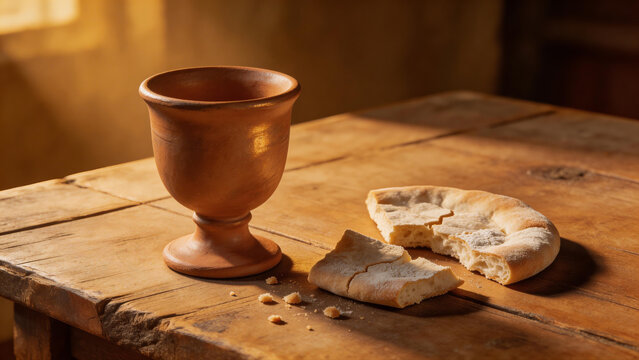 Clay chalice and broken unfermented flatbread on a rustic wooden table for Holy Communion