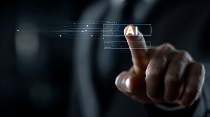 Fototapeta premium Hand interacting with futuristic AI search hologram interface in dark setting