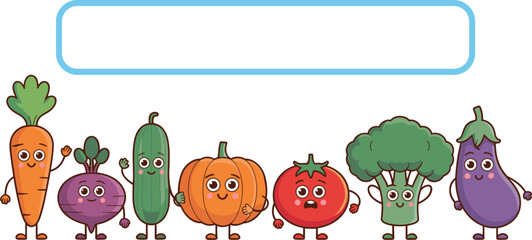 Obraz premium Cute cartoon vegetable characters collection set with empty frame banner for text isolated on white background vector illustration