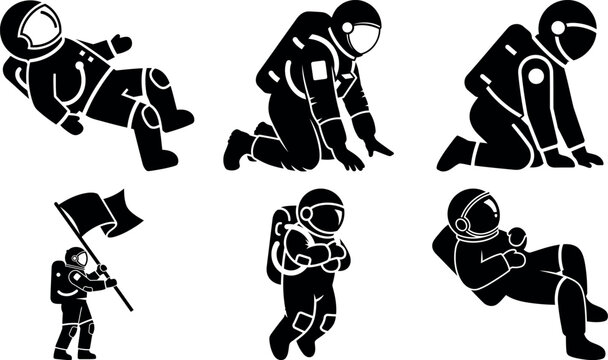 Funny cartoon astronauts in various poses and activities isolated illustration set