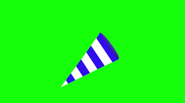 A blue and white striped party popper exploding with colorful confetti ribbons on a green screen background.