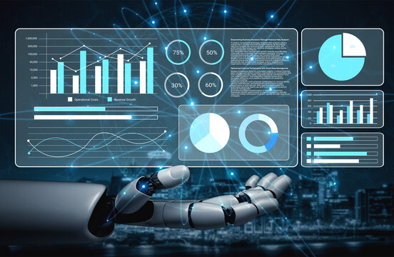 A robotic hand engaging with an advanced digital interface showcasing various graphs and analytics, emphasizing the integration of technology in data analysis. Gantry