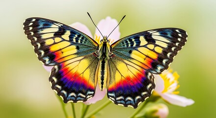 Fototapeta premium A colorful butterfly with vibrant wings perched on a delicate white and yellow flower in a natural outdoor setting
