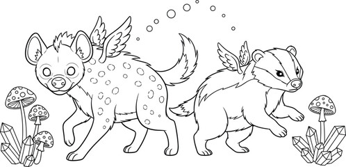 Obraz premium Fantasy winged hyena and badger line art vector illustration with magical creatures, detailed outline animals and coloring page design