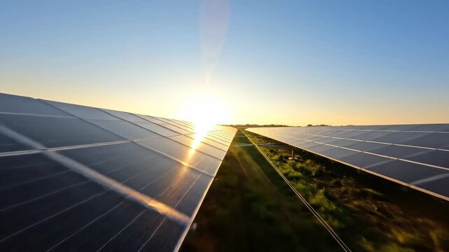Video of Solar Farm Landscape in open agricultural terrain highlighting renewable electricity production, climate innovation and modern infrastructure development for sustainability campaigns; low
