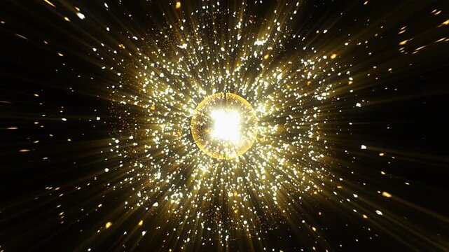 Circular solar burst with intense fiery colors and sparkling particles around the eclipse