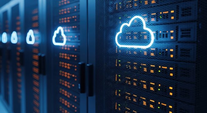 Cloud computing server room with glowing blue server icons