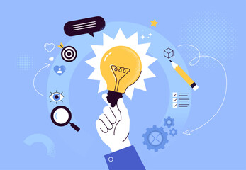 Design Thinking Concept. Hand holding glowing light bulb with creative icons around. Idea generation, innovation, research, analysis, problem solving, and creativity in modern flat vector style. © nadzeya26