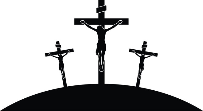 Black silhouette illustration of three crosses on Calvary hill representing the crucifixion of Jesus Christ for Good Friday, Easter, and Christian religious concepts.