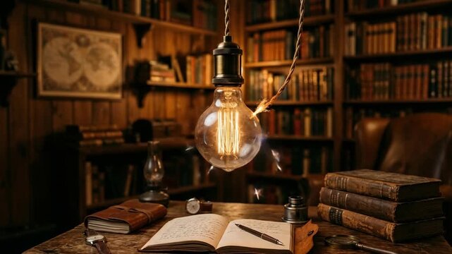 Glowing vintage Edison light bulb hanging over a rustic wooden desk with open journals and old books in a cozy study