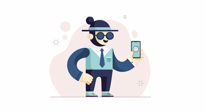 Stylized man in hat and suit holding a phone with copyright symbol