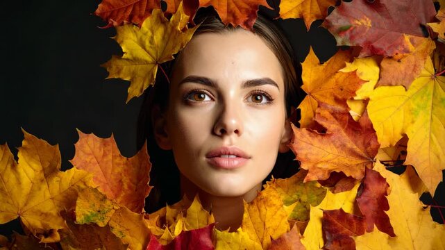 Portrait of a young female with brown eyes peeking through vibrant orange and yellow fall foliage