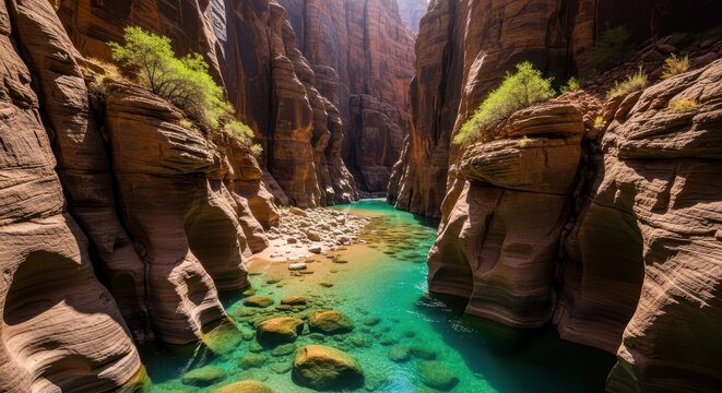Stunning turquoise river flowing through The Narrows in Zion National Park