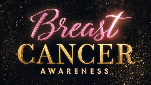 Breast Cancer Awareness 3D text animation with glowing pink script and gold glitter particles zooming in