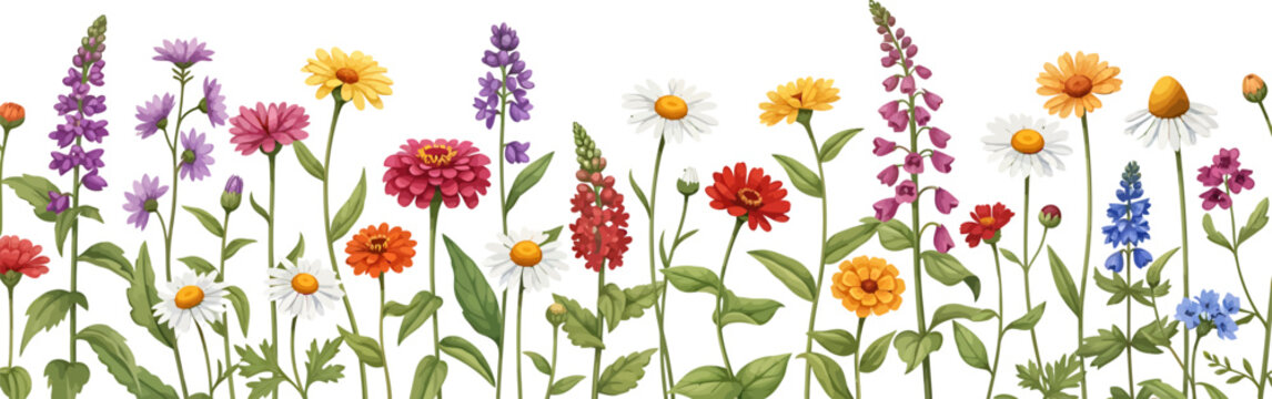 Vibrant Watercolor Wildflowers Border on White Background, a Beautiful Spring and Summer Floral Illustration