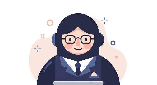 Stylized illustration of a person with glasses and a suit, wearing headphones