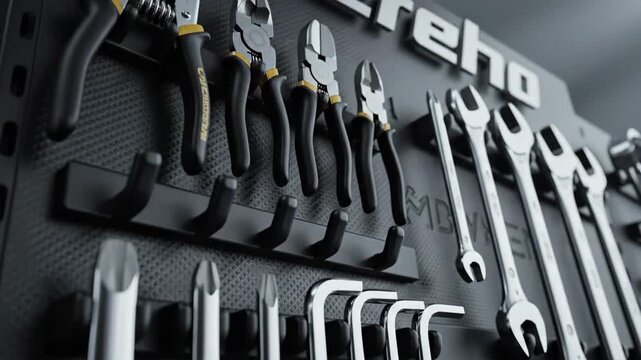 Video of Minimal Metal Tool Board Setup featuring clean hardware display, engineered texture and contemporary industrial branding background for product advertising; low-angle tracking shot moves