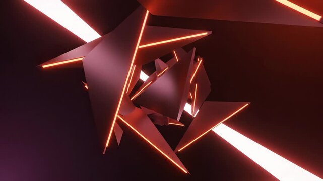 Abstract dark red polygonal space with floating triangular planes suspended in a minimal void, razor-sharp silhouettes intersecting under dramatic top lighting, gradients shifting from deep wine red