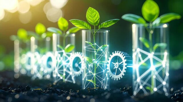 Green sprouts in glass tubes with glowing digital networks and mechanical gears for sustainable biotechnology innovation