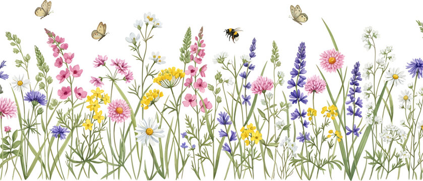 Beautiful Watercolor Wildflower Meadow Border with Butterflies and Bumblebee on White