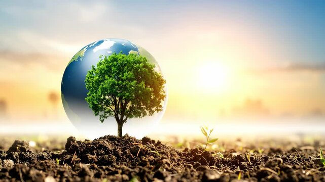 Green tree growing from soil with earth globe in bright golden sunset for environmental conservation concept