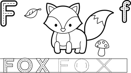 Fototapeta premium Letter F Alphabet Tracing Worksheet with Cute Fox, Leaf, and Mushroom for Kids Preschool Handwriting Practice Coloring Page Vector Illustration