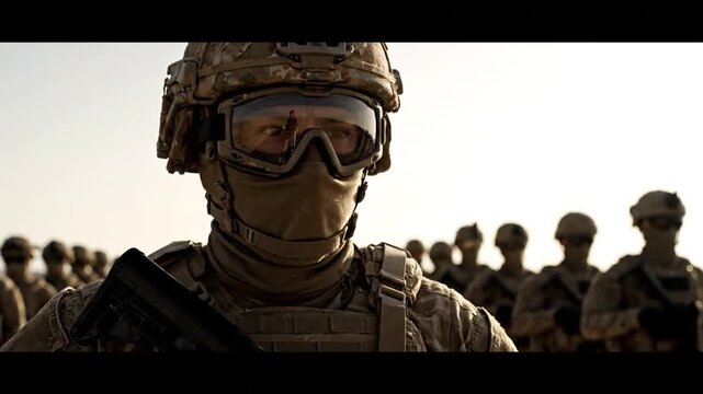 Soldier with rifle with looking at camera.
