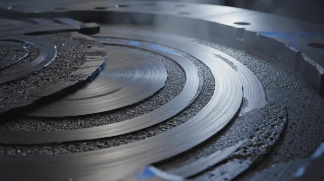 Weathered industrial metal panel with layered grind marks and circular abrasion patterns forming abstract mechanical geometry, darker gunmetal palette with faint blue reflections and soft volumetric