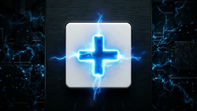 Glowing blue plus sign button with electric lightning bolts on a dark tech background with digital circuits