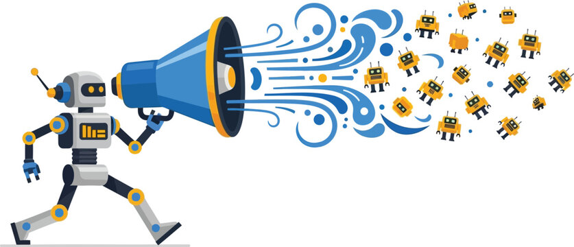 Robot holding a megaphone with bees flying out
