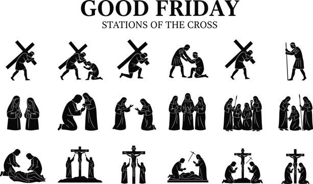 Black silhouette vector icons set of the Stations of the Cross for Good Friday and Holy Week depicting the passion and crucifixion of Jesus.