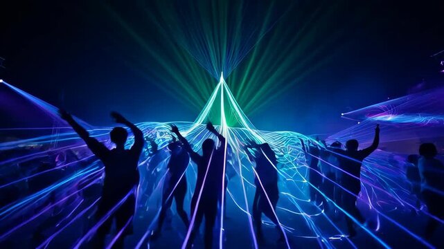 Silhouettes Of People Dancing Under Colorful Laser Light Show At Nightclub Event