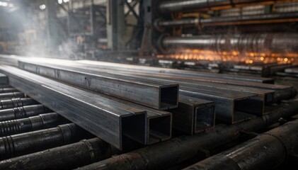 Fototapeta premium Closeup medium shot of channel and angle steel profiles exiting a rolling mill emphasizing the texture and industrial workflow on the cooling bed line.