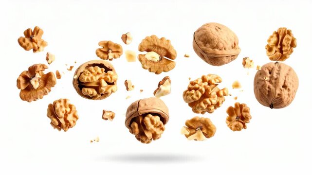 Whole walnuts and shelled kernels falling through the air against a plain white background