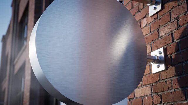 Blank round business signboard facade concept, slightly industrial brick wall exterior with a large suspended circular metal sign finished in brushed aluminum, cool morning light with subtle mist in