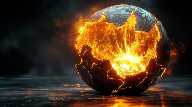A glowing molten core exploding from a cracked metallic sphere floating in darkness symbolizing global crisis destruction and the intense energy of a planet undergoing violent transformation