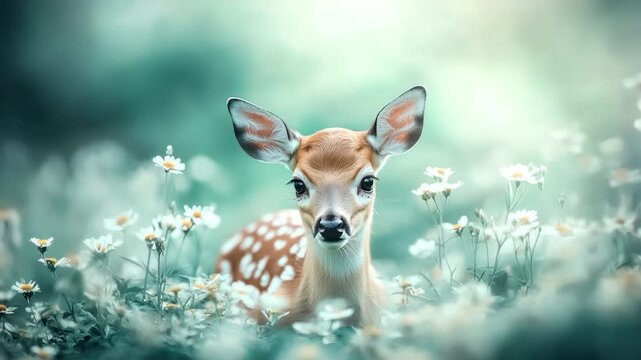 A young deer with brown fur and white spots peers from a bed of daisies in soft focus, dreamy lighting