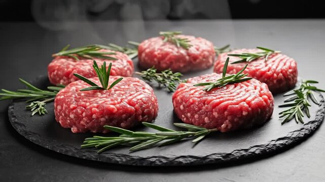 Video of uncooked minced beef rounds styled with green herb accents on minimalist stone board, premium butcher quality meat concept, clean food photography inspired motion scene for commercial kitchen
