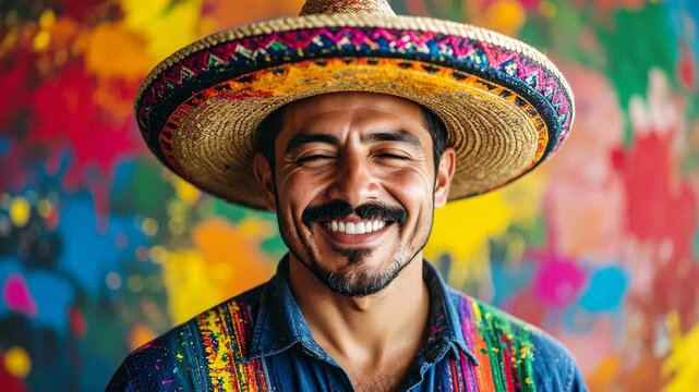 Cheerful man with mustache in traditional sombrero hat smiling brightly against a vibrant multicolored abstract wall