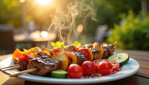 Hot meat skewers with colorful vegetables served on plate. Grilled food steams in sunlit garden. Outdoor meal ready for eating on wooden table.